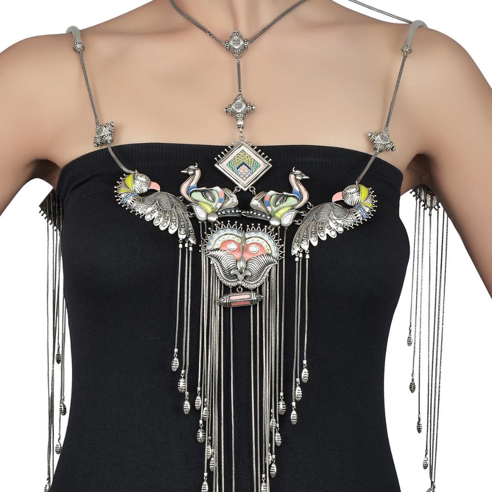 Stunning silver statement wearable art necklace